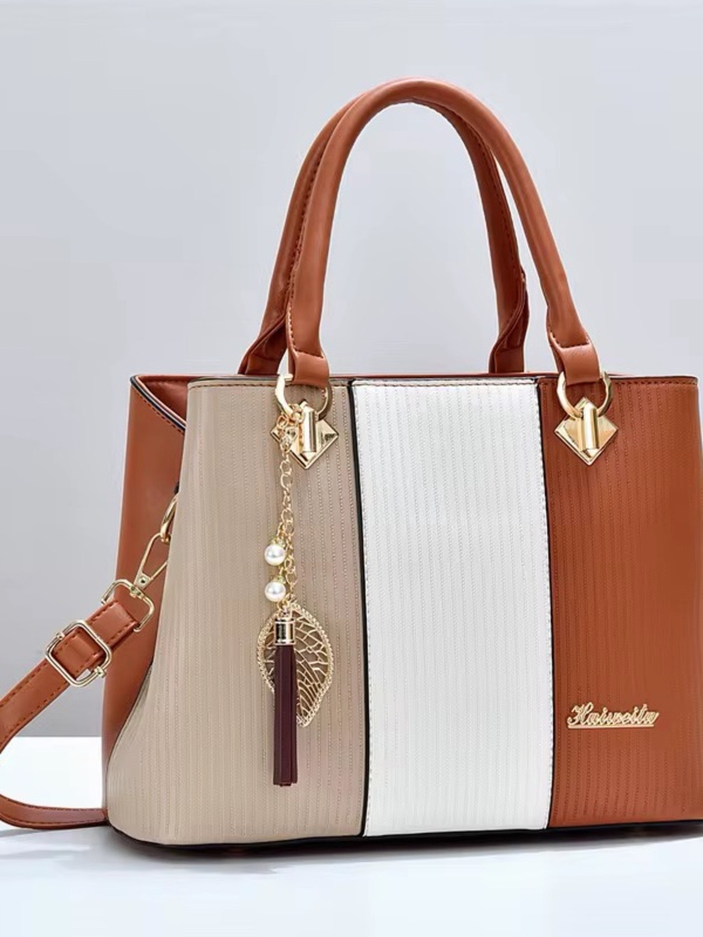 Elegant Tricolor Women’s Satchel Handbag — Brown, Beige & White